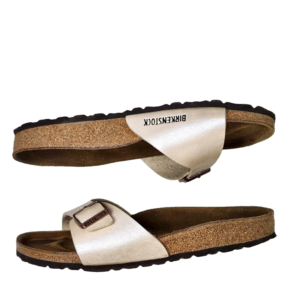 BIRKENSTOCK Madrid Iridescent Pearl Leather Sz 39/8-8.5 Copper Buckle Sandals - Picture 9 of 14
